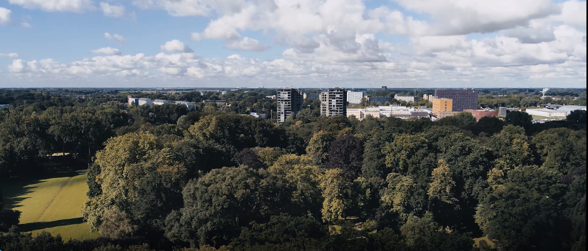 Luchtfoto van een groene woonwijk met nieuwbouwtorens aan de horizon
